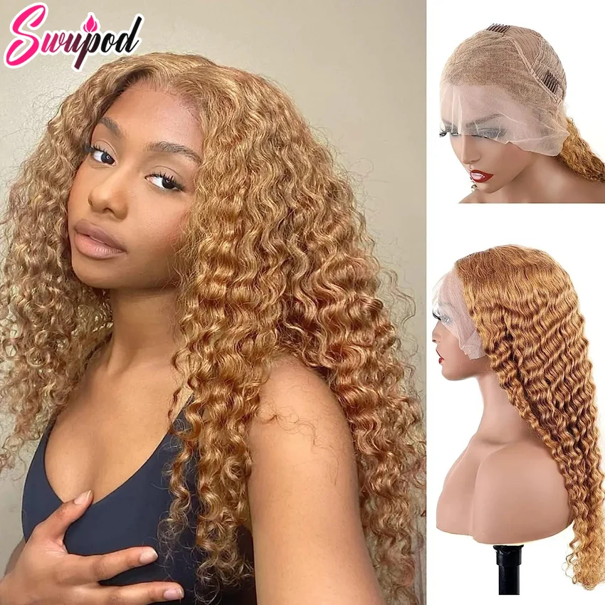 Swupod 200 Density Full 13x4 13x6 HD Lace Front Wig for Women Remy Human Hair Deep 4x4 Frontal Wig 27#Light Brown Color Glueless