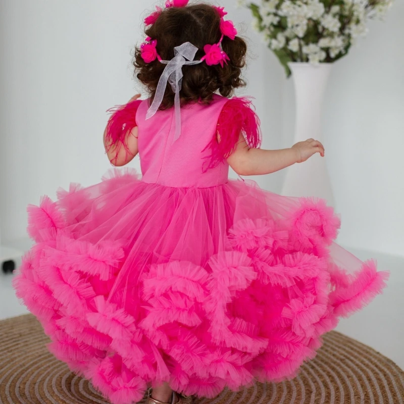 Light Pink Flower Girl Dresses Tulle Tiered Hem Feather Sleeve For Wedding Birthday Banquet First Communion Gowns