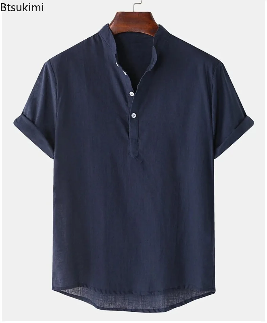 Men's Summer Linen Shirt Solid Color Stand Collar Men T-shirt Loose Buttons Short Sleeves Men Henry's Shirt Simple Style Men Top