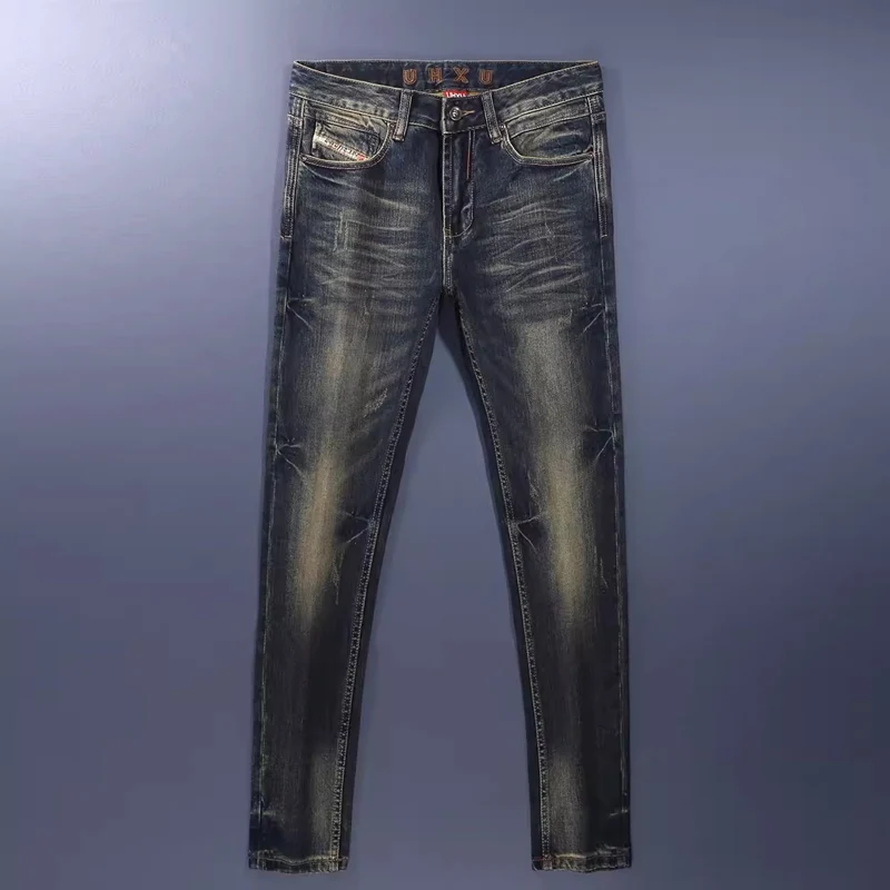 

Designer Fashion Men Jeans High Quality Retro Washed Blue Stretch Slim Fit Ripped Jeans Men Italian Style Vintage Denim Pants