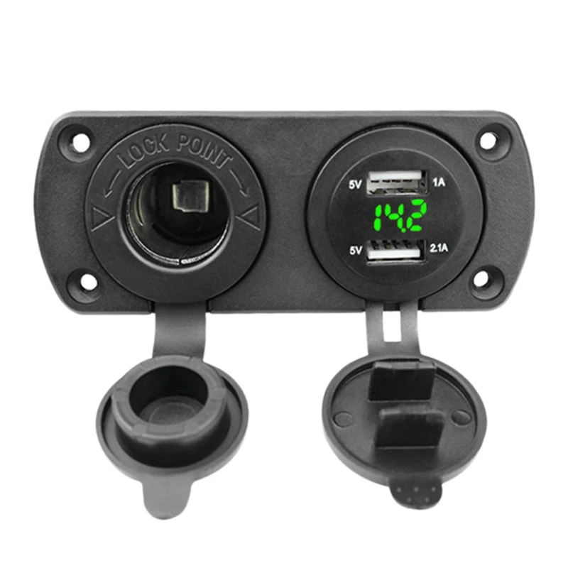 

12-24V Dual USB Outlet Volt Power Outlet with Green LED Voltage Display Lighter Socket Switch Panel Adapter for Car