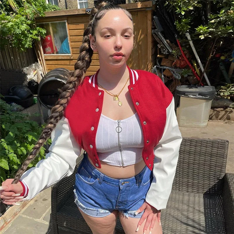 

Winter New Women's Clothing Personalized Street Super Short Jacket PU Splicing Long-sleeved Baseball Jacket