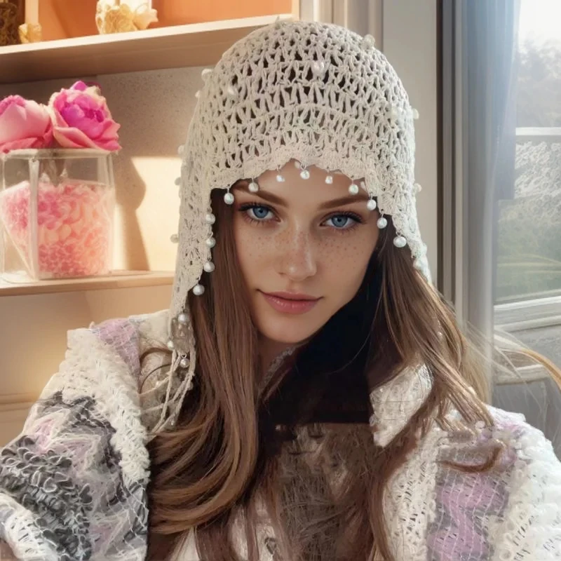 Women's Handmade Crochet Hollow Pearl Tassel Pullover Hat Retro Ethnic Style Literary Princess Hat Sexy Hot Girl Decorative Hats