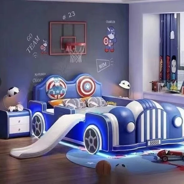 Cartoon boy car modeling racing bed leather multi-color double bed