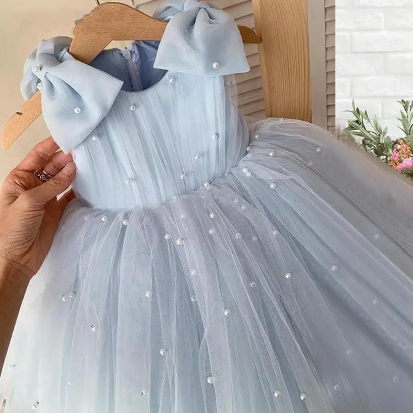 2024 New Children‘s Princess Ball Gown Bow Pearls Mesh Design Kids Wedding Birthday Baptism Party Girls Sleeveless Dresses A3661