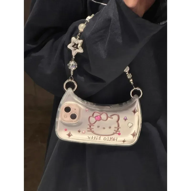 Sanrio Hello Kitty Diamond Phone Case Cartoon Y2K Cross-Body Chain Handbag Style Protective Case for Iphone 15 14 13 12 11Promax