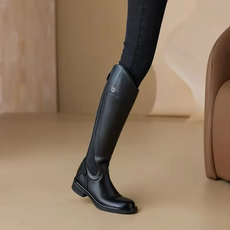 Soft Leather Equestrian Boots 2026 New Spring and Summer Black Round-toe Low-heel Riding Boots, Tall Boots, Over-the-calf