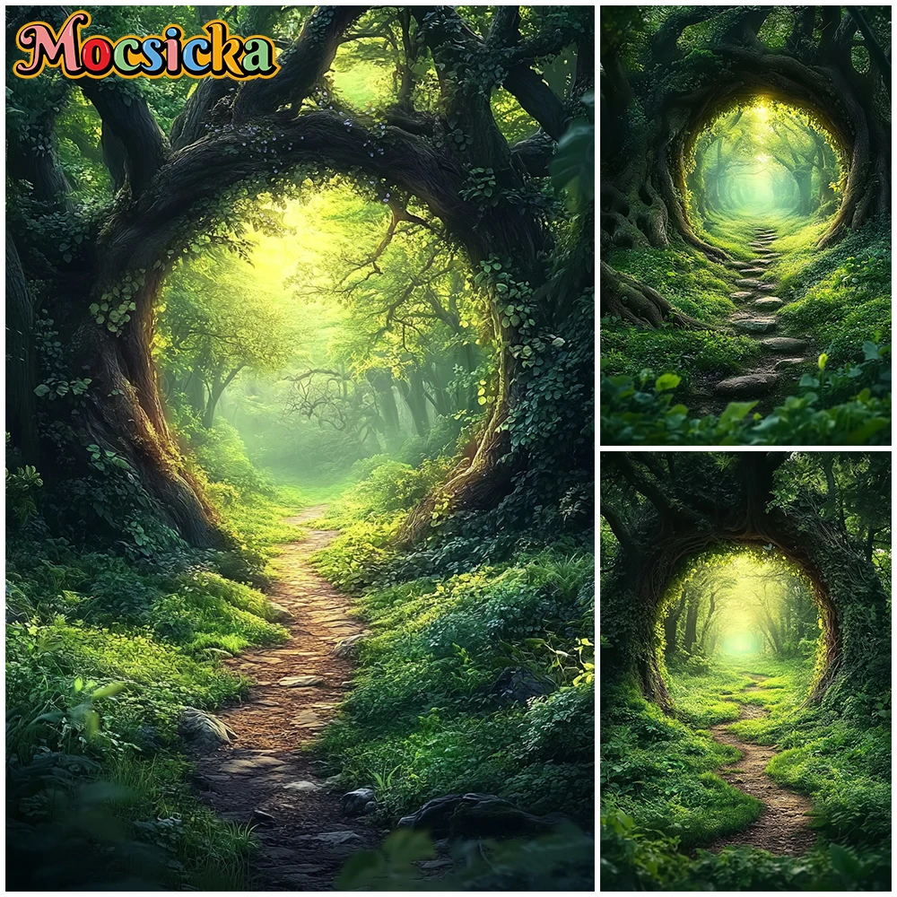 

Mocsicka Spring Photography Backdrop Baby Birthday Party Background Green Forest Tree Hole Path Decors Wallpaper Shoot Photocall