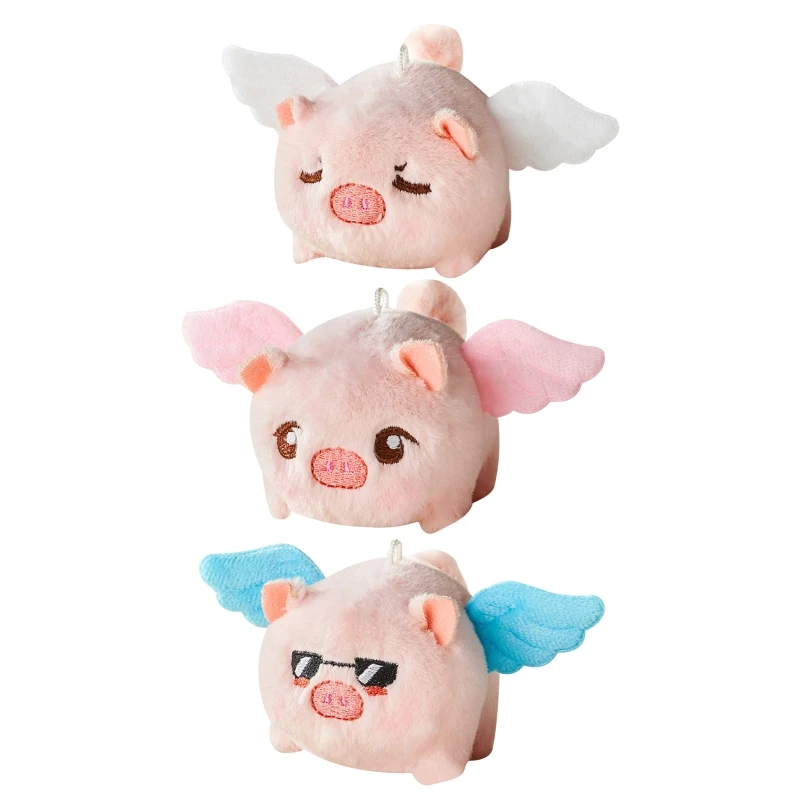 Tail Wagging Flying Pig Plush Keychain Backpack Hanging Ornament Stuffed Animal Key Ring Novelty Purse Car Key Pendant