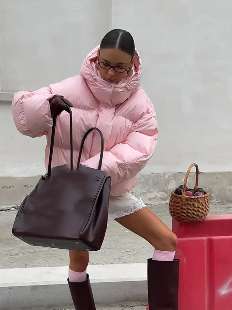 

Women Chic Pink Hooded Cotton Coat Elegant Single-breasted Full Sleeve Loose Warm Jacket Winter Lady Daily Street Outwear