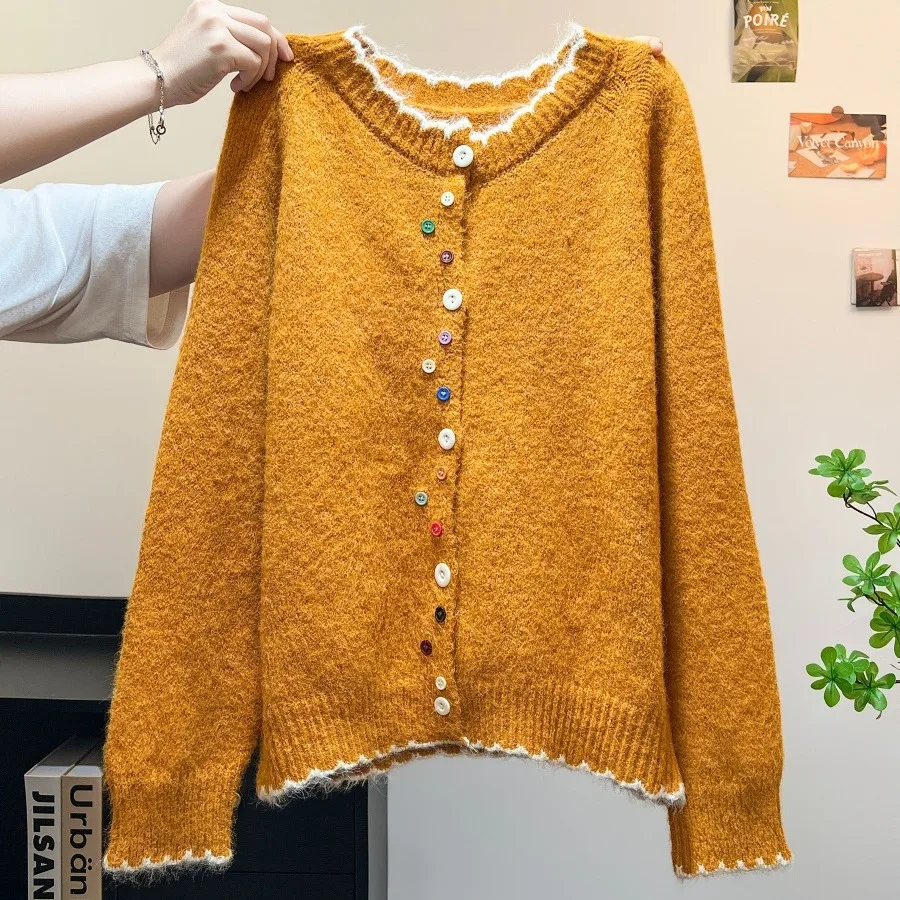 韓国カラーブロックカーディガン女性ボタンセータージャケットソフトルーズ秋トップ