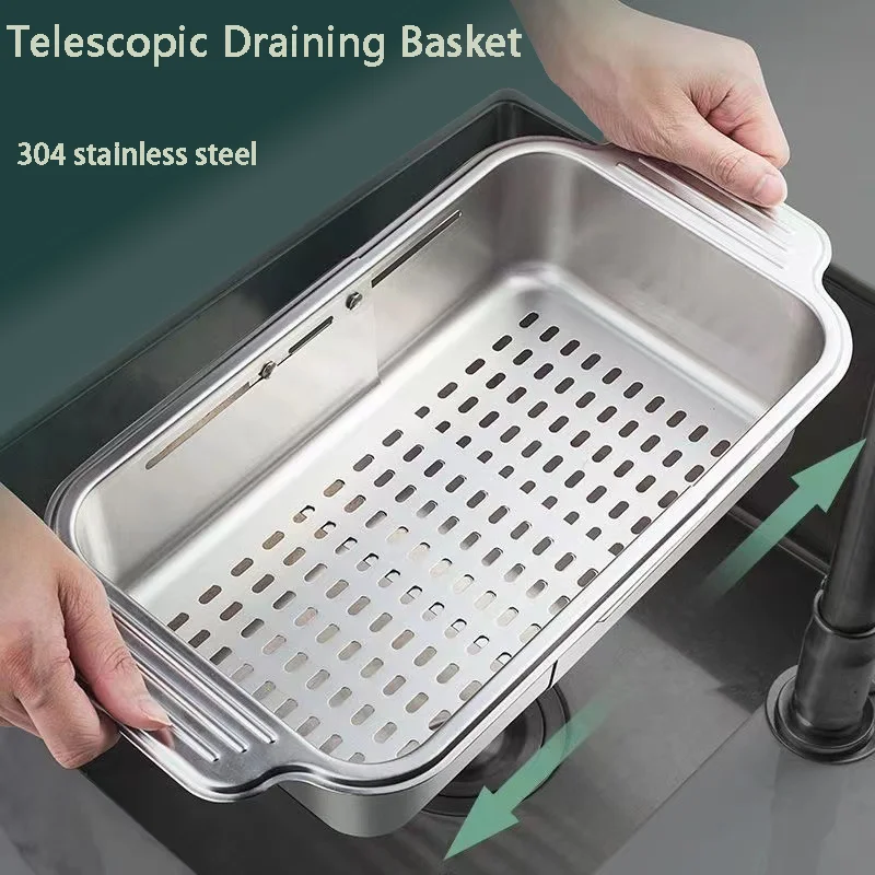 304 Stainless Steel Expandable Drain Basket, Kitchen Sink Dish and Vegetable Washer Rack, Home Sink Organizer