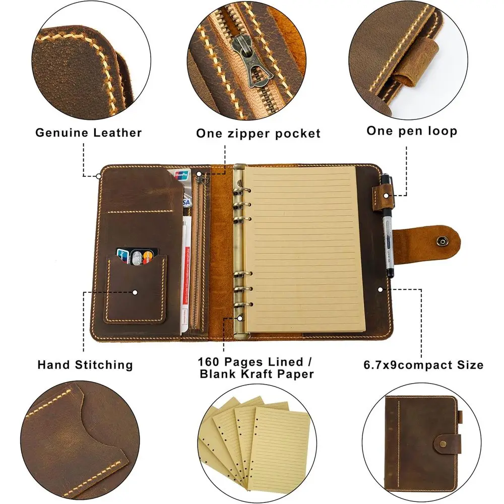 Planejador de fichário A5 de couro marrom, diário recarregável, caderno, fichário, presente personalizado para homens, liderança e cliente corporativo