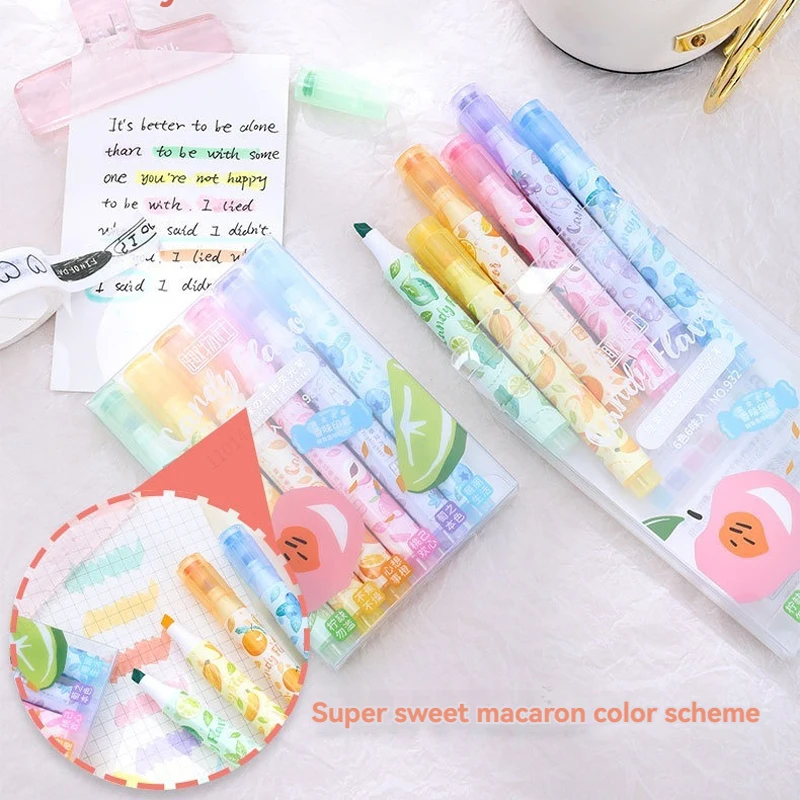 6Colors Fun Stamp Seal Highlighter Set Fragrance Chisel Tip Marker Pen Macaron Pastel Assorted Colors for Cute Kawaii Stationery