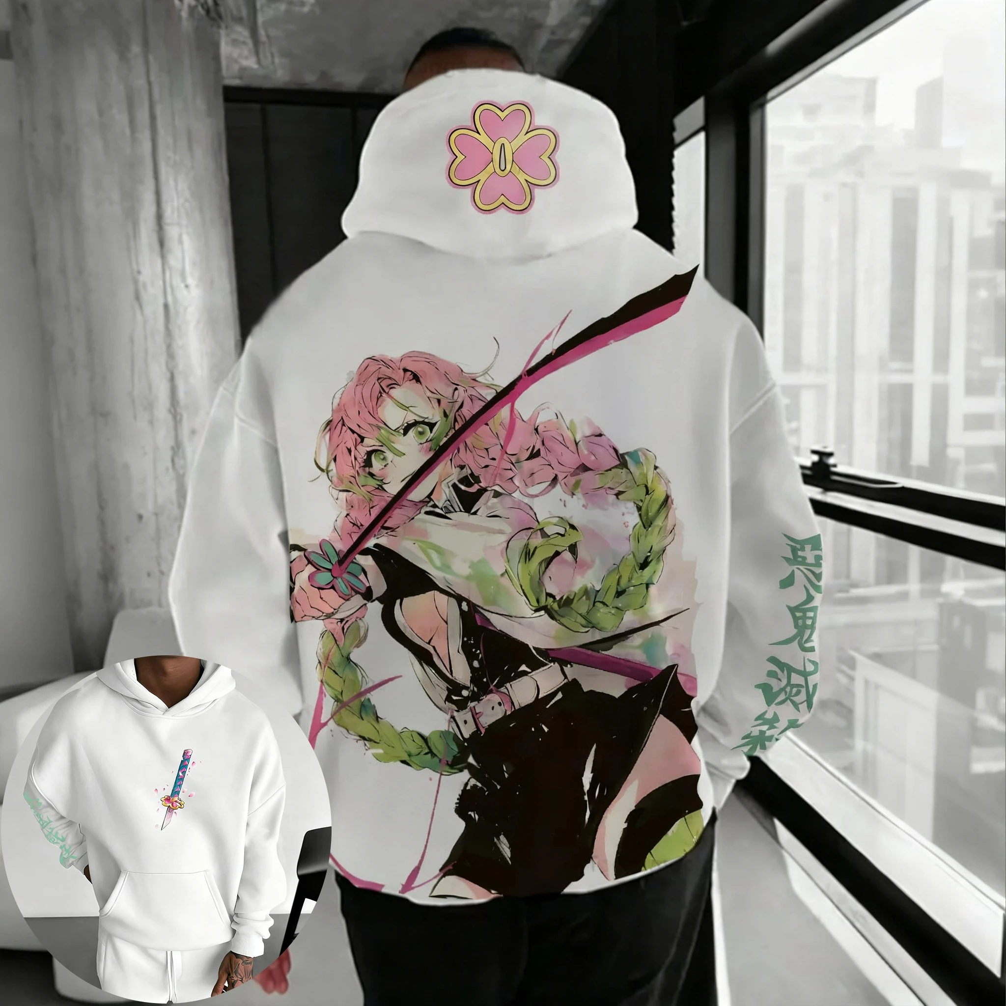 Demon Slayer Anime Sudadera con capucha con cremallera para hombre Otoño/Invierno nueva colección Kanroji Mitsuri impreso Casual suéter deportivo suelto Top