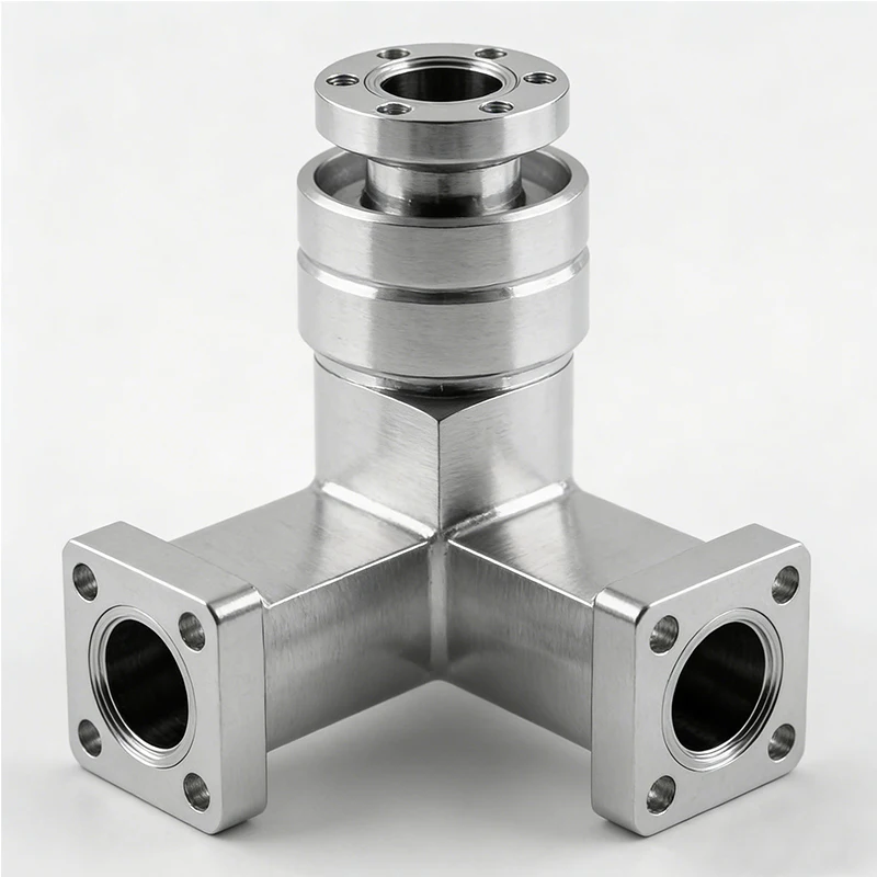 Custom CNC Machined Stainless Steel 3-Way Vacuum Tee Adapter with Flanges CNC Machining Parts Mechanical Parts CNC MACHINING