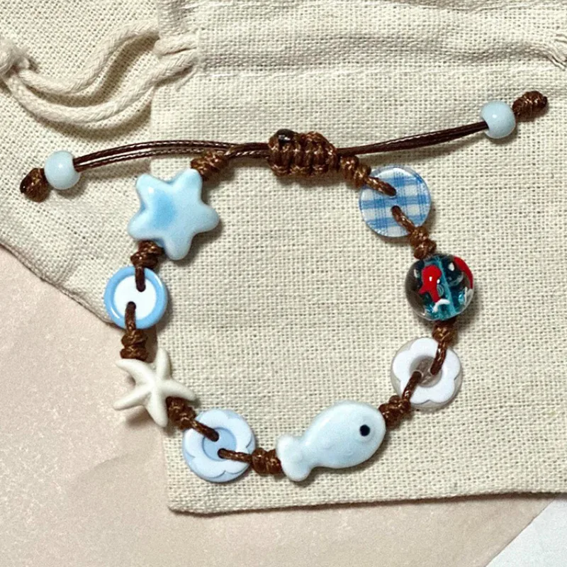 Keramik-Fischsterne, geflochtene Seil-Armbänder für Frauen, niedliche blaue kleine Knöpfe, Armbänder, romantisches, verstellbares Schmuckzubehör