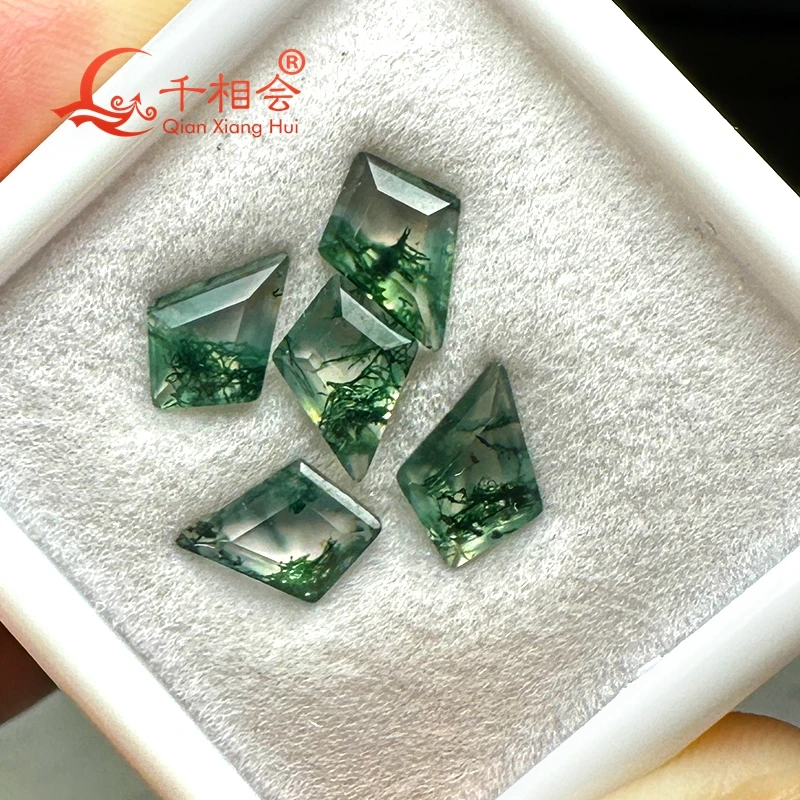 Gema suelta de ágata natural para fabricación de joyas, hierba de agua en forma de cometa, color verde, 7x9mm