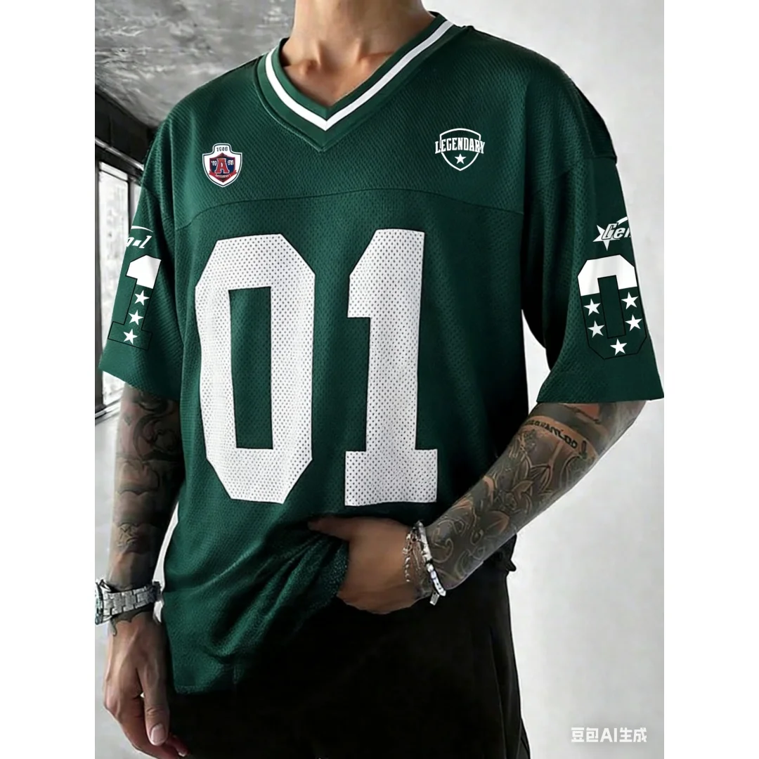 Herren Freizeit-Sport-T-Shirt mit kurzen Ärmeln, Sommer-Jersey für Herren, 01, mit Nummerndruck, V-Ausschnitt, sportliches Oberteil, Streetwear, modisch, atmungsaktiv