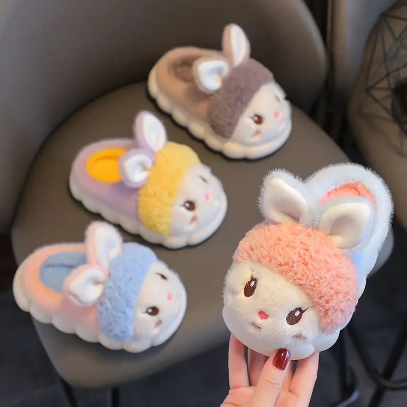 Kawaii White Bunny Slippers Babi Shoes Cute Winter Rabbit Bootie Slippers Children Infant Warm Fur Loafers Girl Indoor Slipper