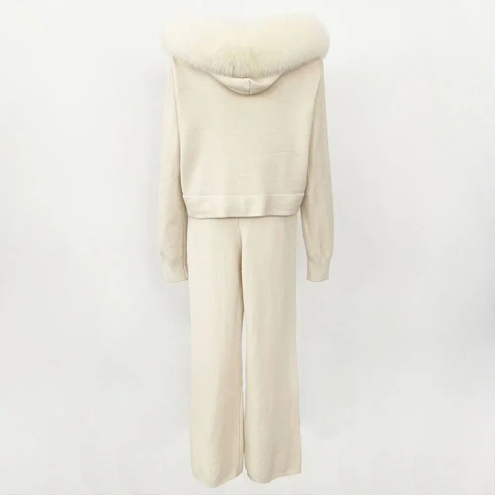 女性のキツネの毛皮の襟付きフード付きジャケット,ファッショナブルなセータースーツ,ニットウェアとズボン,取り外し可能なコート,秋冬,2024