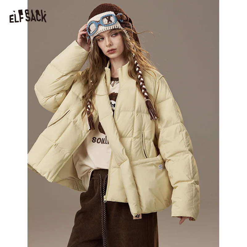 ELFSACK 2025冬新作 カジュアル無地クラウドキルティング多用途パファージャケット レディース