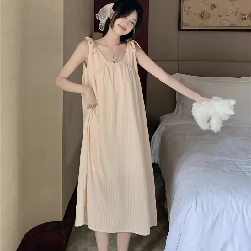 Ruffles Women Nightgown Summer Korean Sleepwear Spaghetti Strap Night Dress Tie V-neck One Piece Pajamas Solid Home Wears 2024