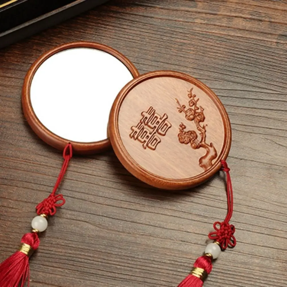 with Tassels Makeup Mirror Sandalwood Mini Vanity Mirror Plum Blossom Chinese Ancient Style Compact Pocket Mirror Makeup Tool