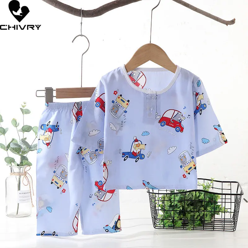 Kids Boys Girl Pajamas New 2023 Summer Thin Cute Cartoon Three-quarter Sleeve O-Neck Pyjamas Homewear Baby Sleeping Clothing Set