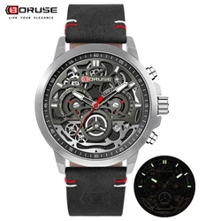 BORUSE Brand Luxury Men Leather Quartz Wriatwatch High Quality Fashion Stainless Steel Case Waterproof Watches Men With Box