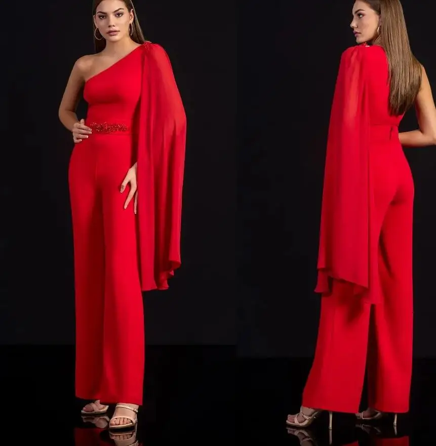 Chic Red Jumpsuit Prom Dress With Beaded 2023 One Shoulder Boho Pant Formal Evening Suit Elegant Satin Korean Party Dresses New