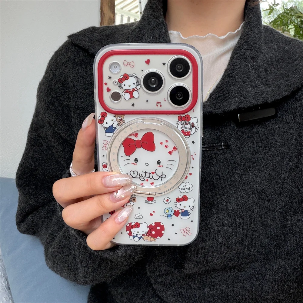 

Kawaii Hellokitty with 360° Rotate Stand Cute Phone Case for iPhone 17 15 pro 16 Pro Max Cover Cartoon Lovely Shockproof Fundas