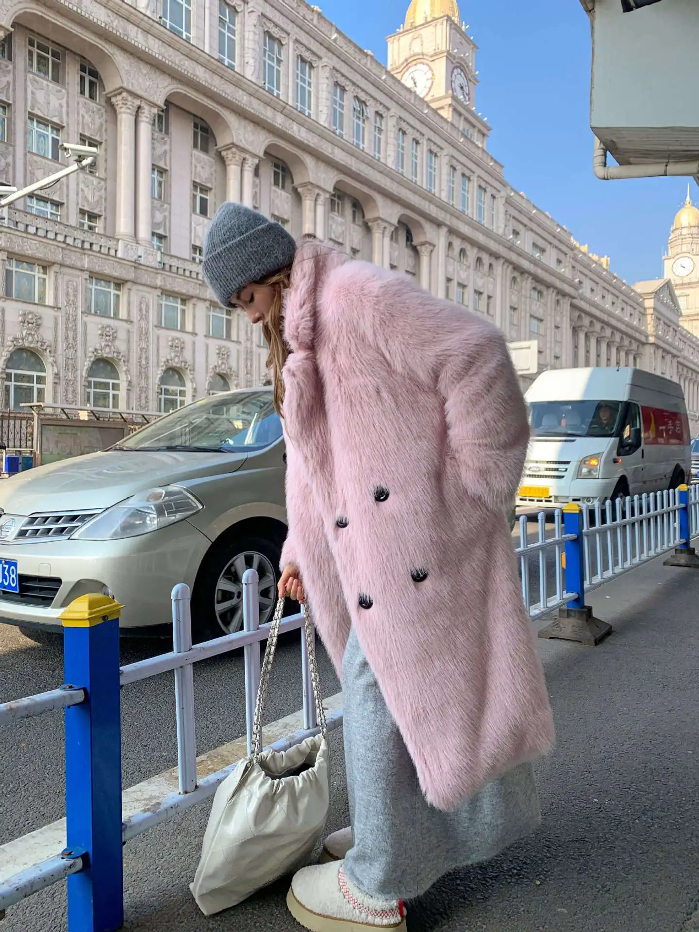 Pink Loose Faux Fur Coat Women Korean Version Large Lapel Long Section Autumn Winter Fox Fur Coat Fluffy Warm Light Luxury Soft