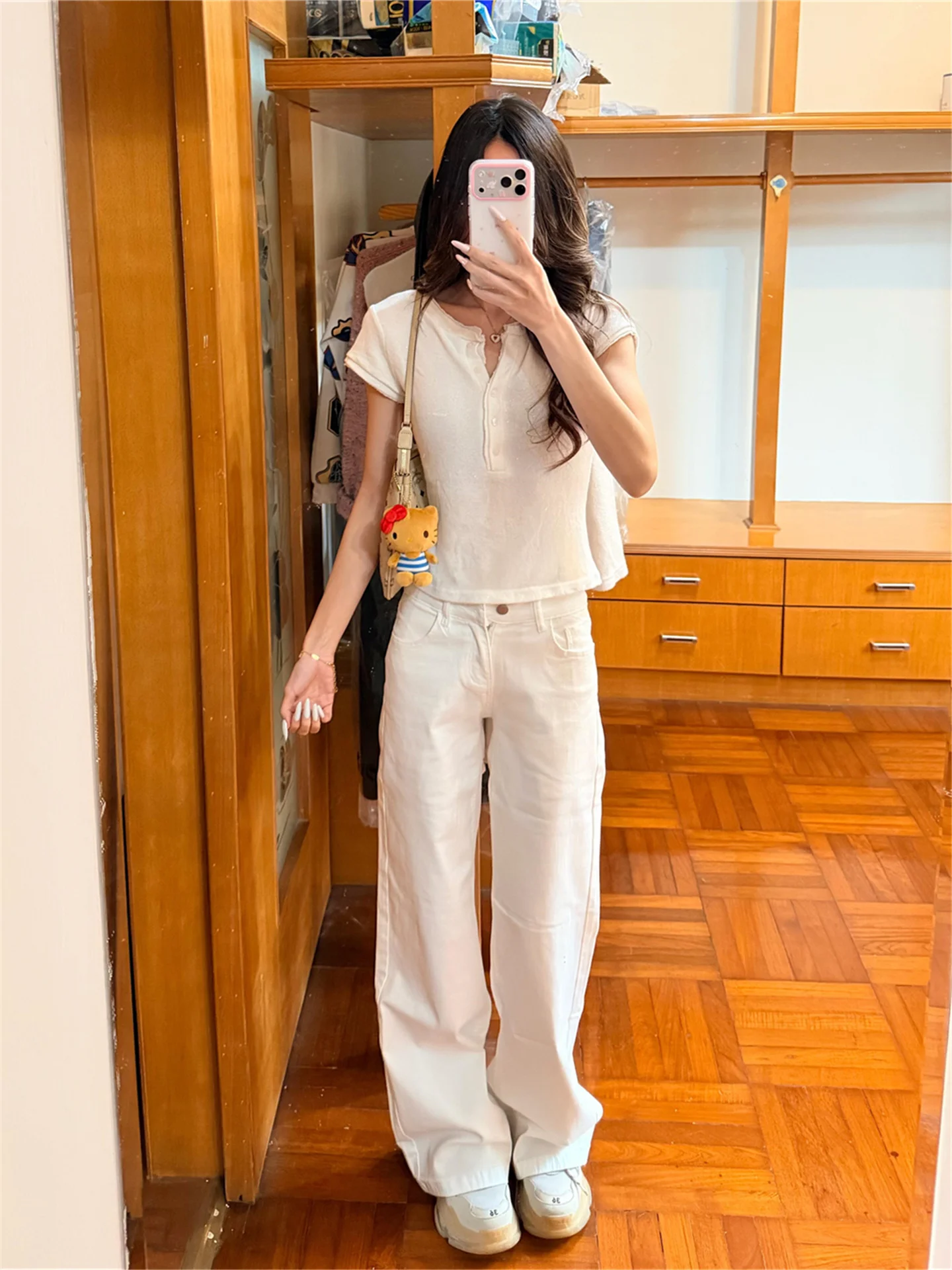 

White Straight Leg Jeans Women's Loose Drapey Long Extended Versatile Sexy Wide Leg Floor Length Pants Casual Cotton Denim