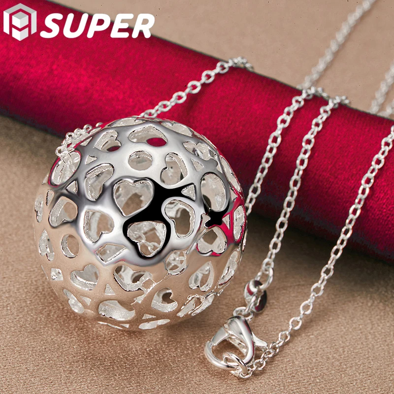 

925 Sterling Silver 18 Inch Chain Hollow Ball Full Heart Pendant Necklace For Woman Wedding Engagement Charm Jewelry