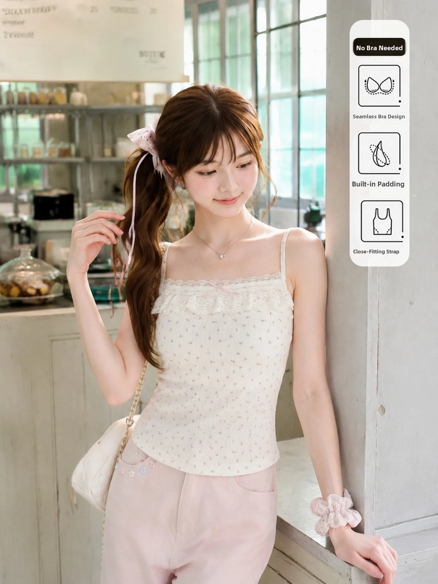 Sweet Style Slim Fit Women's Camisole Top with Chest Pad Light Pink Strap Vest Inner Wear Summer Design Sense  Knot
