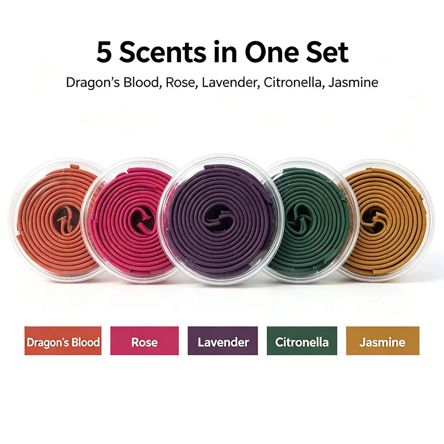 5 Types of Incense Coil Set with Separate Transparent Packaging, Long-Lasting Gentle Fragrance, Suitable for Bedroom, Tea Room,