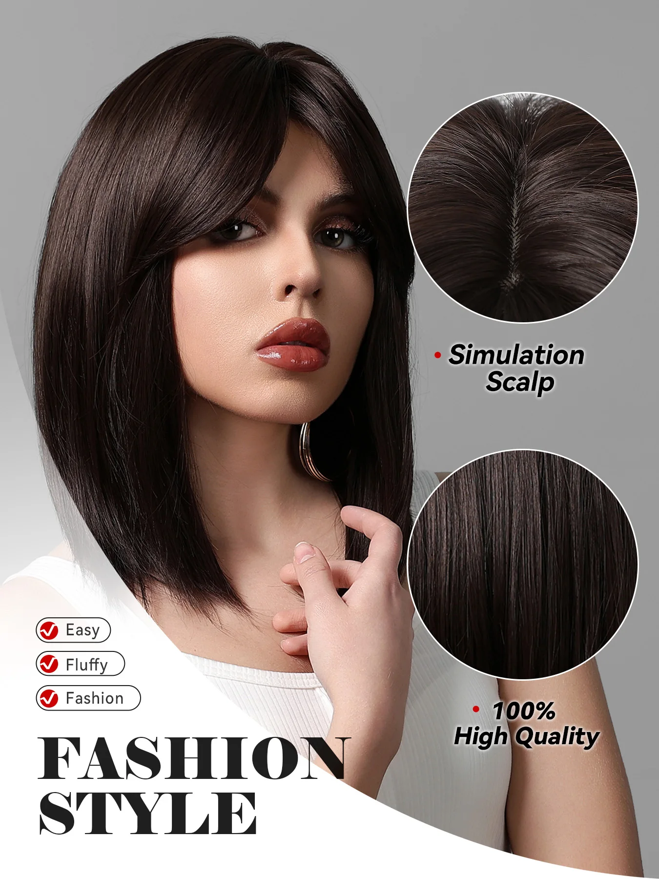 EASIHAIR-Peluca de cabello sintético con flequillo para mujer, cabellera artificial de fibra resistente al calor, color marrón oscuro, uso diario,