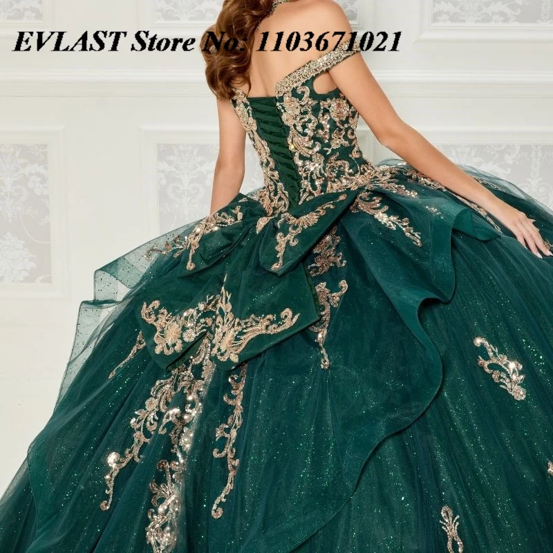 EVLAST Customized Emerald Green Quinceanera Dress Ball Gown Gold Lace Applique Beaded Tiered Sweet 16 Vestidos De XV 15 Anos SQ5