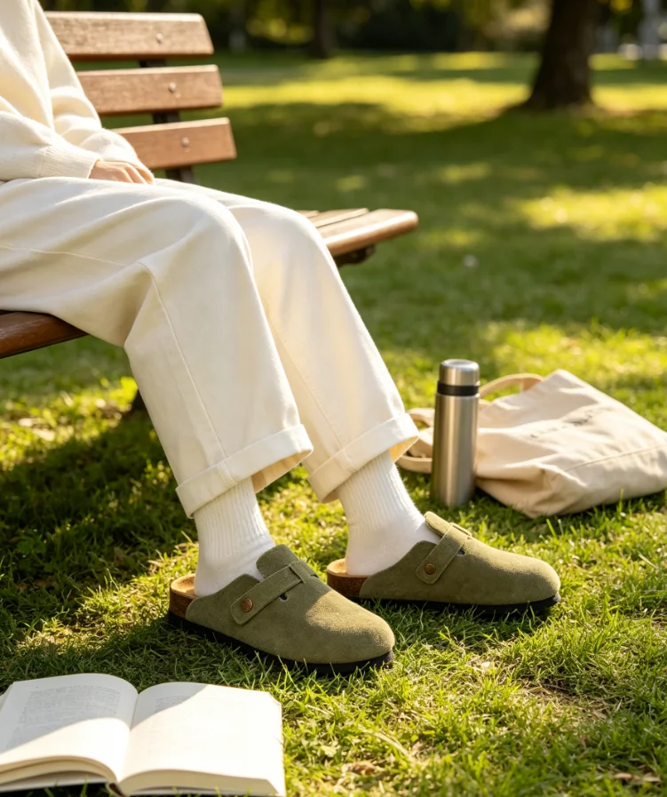 Dual use household and office cork stopper with adjustable buckle, suede breathable insole, non slip men's and women's slip sleeves, casual summer shoes