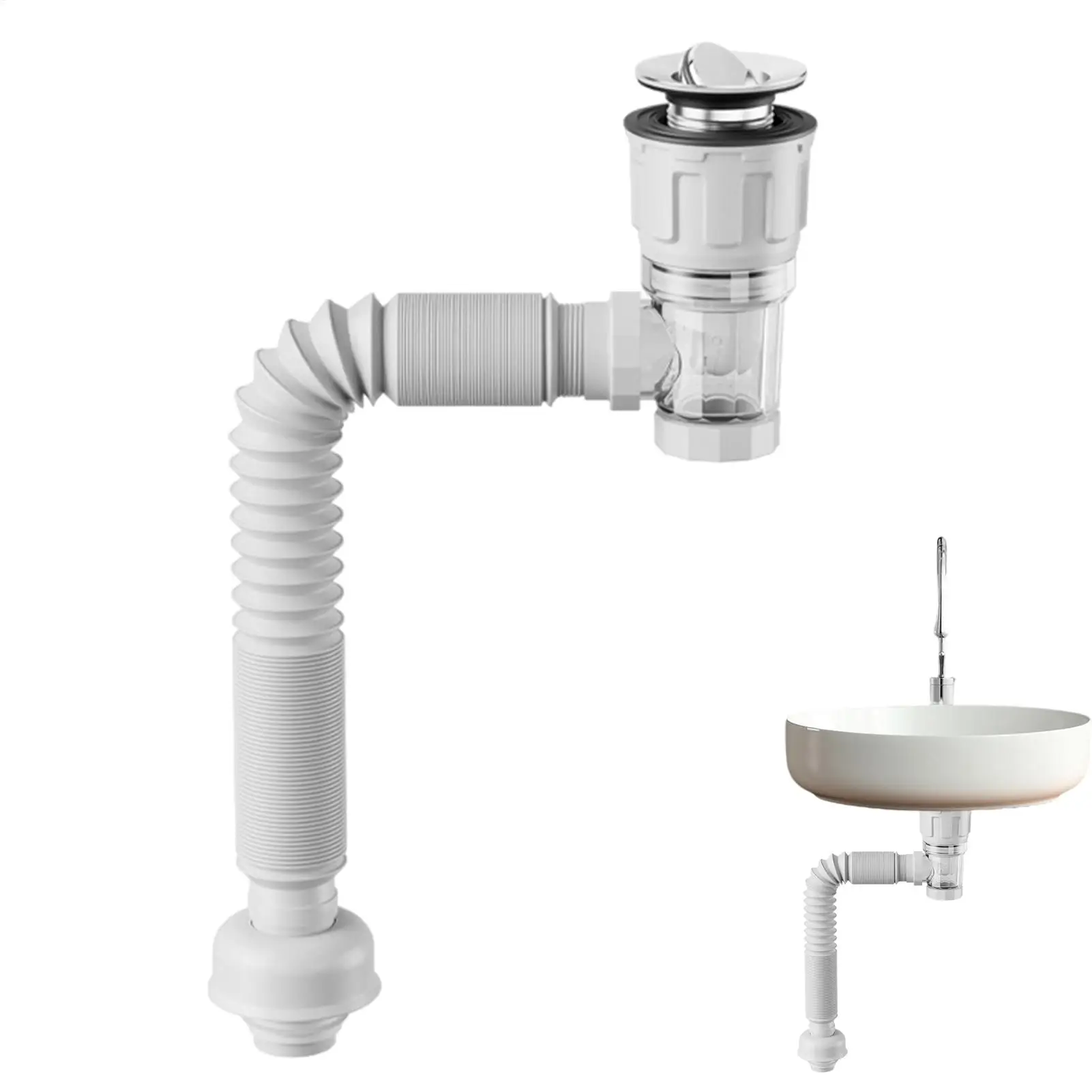 Kitchen ABS Sink Drain Kit Drain Stopper Anti-Odor Flexible Hose Body Stainless Steel Top Side Outlet Basin Drain Pipe Set