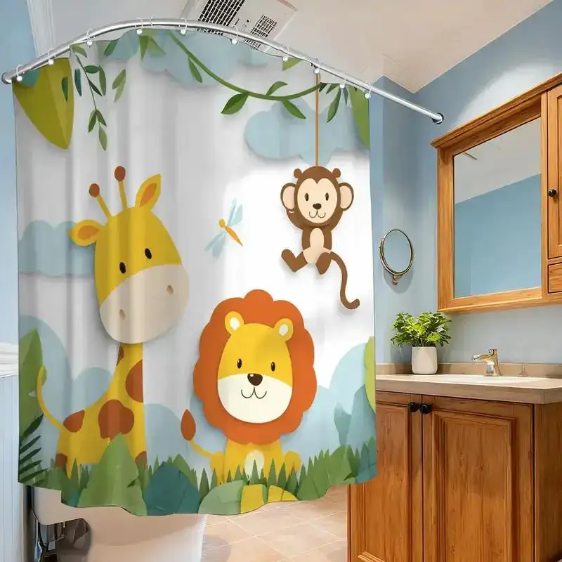 

Детская шторка для душа с изображением джунглей – милые жирафы, львы и обезьяны в зеленой растительности, 12 крючков, 70,87×70,87 дюймов, водонепроницаемый декор для ванной комнаты
