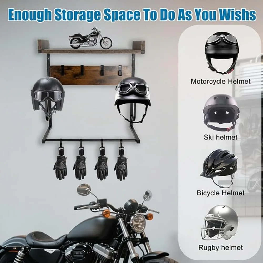 Motorcycle Helmet Holder with 4 Glove Chips and 4 Hooks Helmet Holder Wall Mount for Motorcycle Bike helmet Gear Clothes Hats