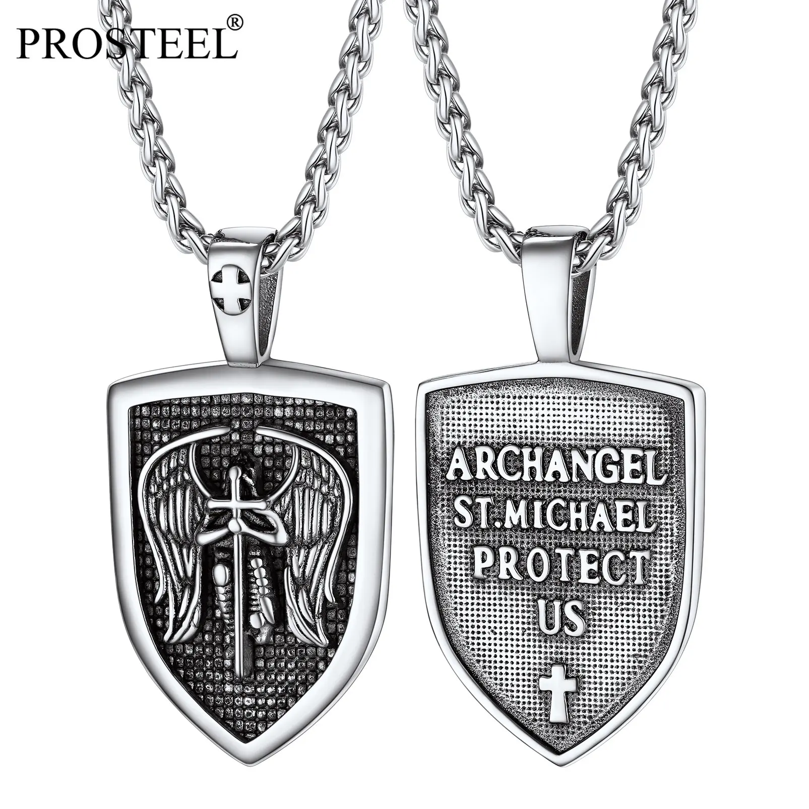 Prosteel Vintage Men Saint Michael The Archangel Necklace Sturdy Stainless Steel Sheild Pendant Catholic Religious Jewelry Gift