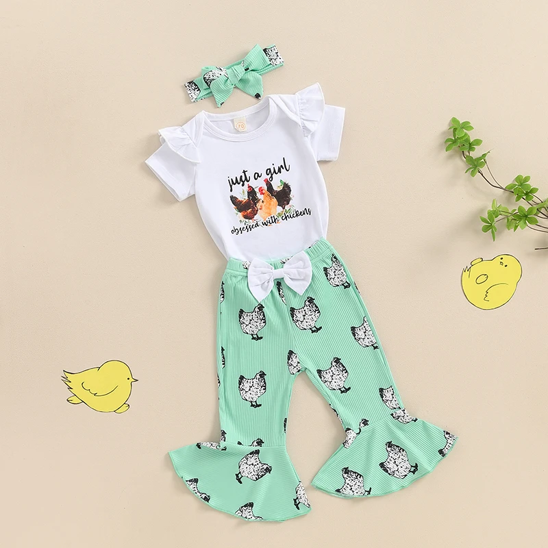 

Baby Girls Outfit Short Sleeve Chicken Print Crewneck Romper Flare Pants Headband 3Pcs Newborn Summer Clothes