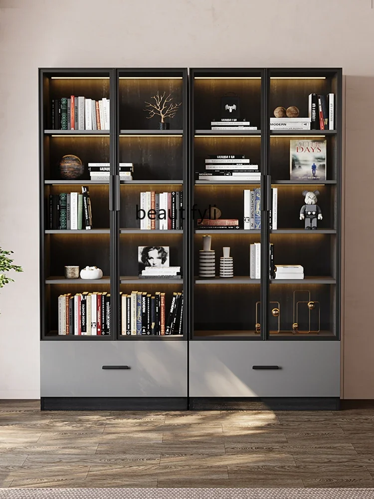 Italian Minimalist Bookcase Study with Door Shelf Display Cabinet Light Luxury Glass Bookshelf with Light