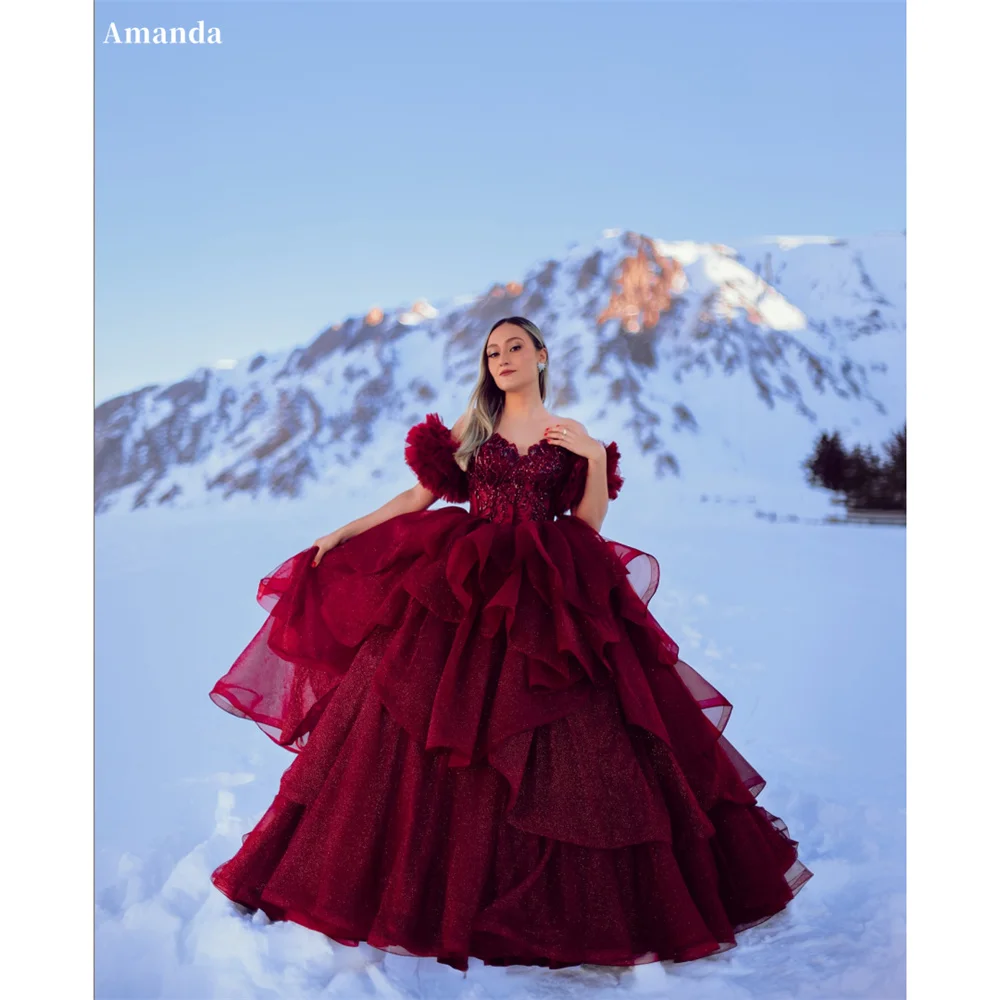 

Amanda индивидуальное бордовое бальное платье без бретелек, платья для выпускного вечера с блестками и аппликациями, платья de noche, каскадное вечернее платье с рюшами