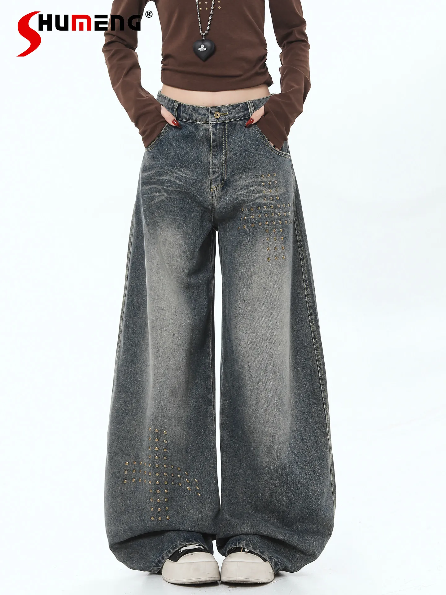 

Американские модные ретро-джинсы в уличном стиле для девушек: джинсовые брюки с заклепками, высокой талией, свободные, повседневные, прямые, широкие штанины, для женщин