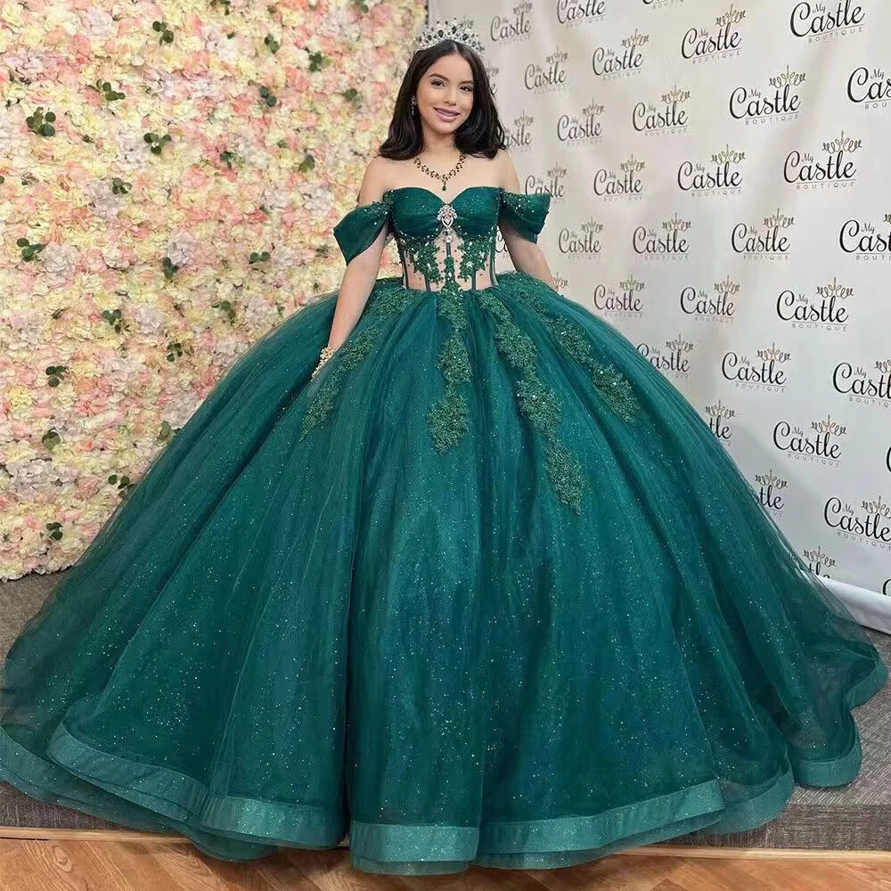 Amanda Princess Ball Gown Party Dresses Sweet Off Shoulder Green Vestido De Gala Noche Mujer Floor-Length Organza Dress Women