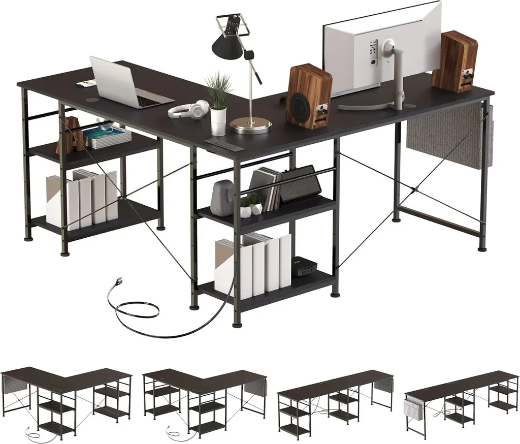 COSYHOMES Desk Corner Desk L-Shaped Computer table Turning plate with socket 140x140x74 cm Black